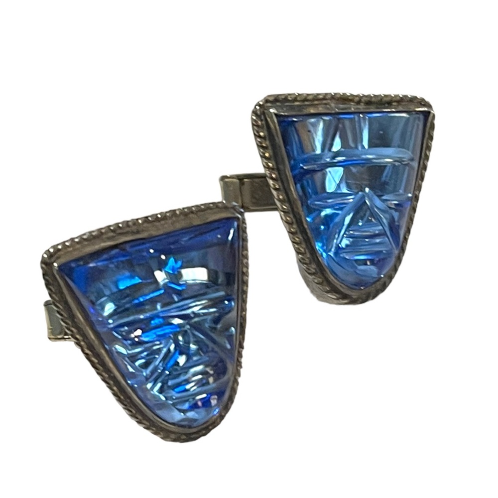 Vintage Mexico 1950s Blue Paste Glass Carved Aztec RARE 925 Sterling cufflinks